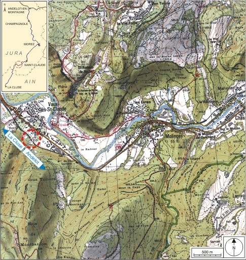 Carte et schéma de localisation. Carte topographique, IGN, 2000, dalle F086_052, échelle 1:25 000. Scan 25, licence n° 2008/CISE/2968. © André Céréza / Région Bourgogne-Franche-Comté, Inventaire du patrimoine - 2007