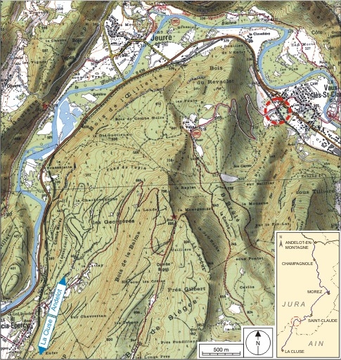 Carte et schéma de localisation. Carte topographique, IGN, 2000, dalles F085_052 et F086_052, échelle 1:25 000. Scan 25, licence n° 2008/CISE/2968. © André Céréza / Région Bourgogne-Franche-Comté, Inventaire du patrimoine - 2007