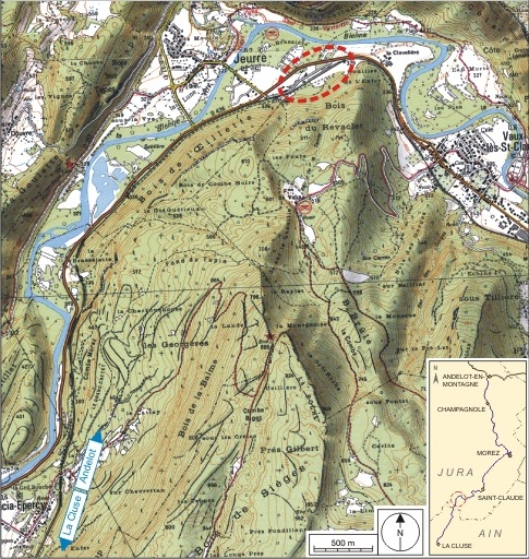 Carte et schéma de localisation. Carte topographique, IGN, 2000, dalles F085_052 et F086_052, échelle 1:25 000. Scan 25, licence n° 2008/CISE/2968. © André Céréza / Région Bourgogne-Franche-Comté, Inventaire du patrimoine - 2007