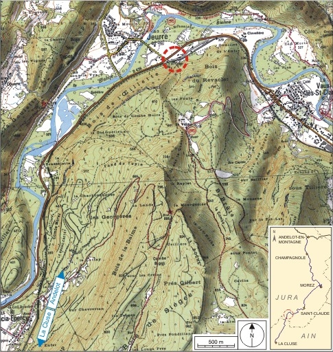 Carte et schéma de localisation. Carte topographique, IGN, 2000, dalles F085_052 et F086_052, échelle 1:25 000. Scan 25, licence n° 2008/CISE/2968. © André Céréza / Région Bourgogne-Franche-Comté, Inventaire du patrimoine - 2007