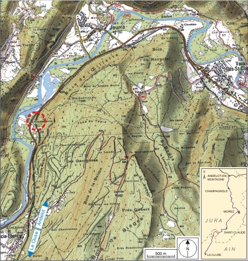 Carte et schéma de localisation. Carte topographique, IGN, 2000, dalles F085_052 et F086_052, échelle 1:25 000. Scan 25, licence n° 2008/CISE/2968. © André Céréza / Région Bourgogne-Franche-Comté, Inventaire du patrimoine - 2007