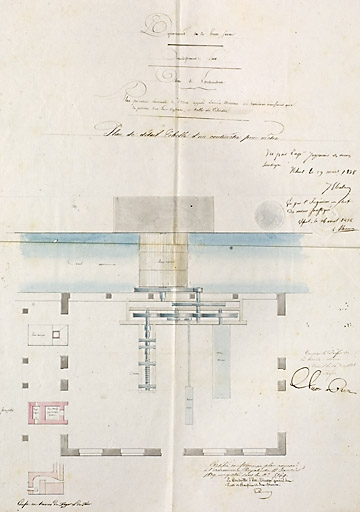 Plan présentant l'ensemble de l'usine appelée ancien martinet au laminoir neuf ainsi que la position d'un four d'affinerie, et celle du cilindre. © Jérôme Mongreville / Région Bourgogne-Franche-Comté, Inventaire du patrimoine - 2007 Plan présentant l'ensemble de l'usine appelée ancien martinet au laminoir neuf ainsi que la position d'un four d'affinerie, et celle du cilindre. © Jérôme Mongreville / Région Bourgogne-Franche-Comté, Inventaire du patrimoine - 2007