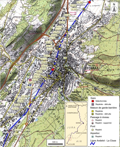 Carte et schéma de localisation des ouvrages : Oyonnax. Carte topographique, IGN, 2000, dalle F085-053, échelle 1:24 000. Scan 25, licence n° 2008/CISE/2968. © André Céréza / Région Bourgogne-Franche-Comté, Inventaire du patrimoine - 2008