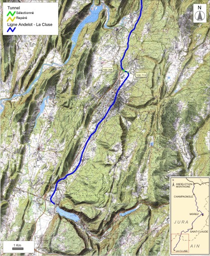 Carte et schéma de localisation des tunnels : d'Arbent à Montréal-La Cluse. Carte topographique, IGN, 2000, dalles F084-052, F084-053, F084-054, F085-052, F085-053, F085-054, F086-052, F086-053 et F086-054, échelle 1:110 000. Scan 25, licence n° 200… © André Céréza / Région Bourgogne-Franche-Comté, Inventaire du patrimoine - 2008