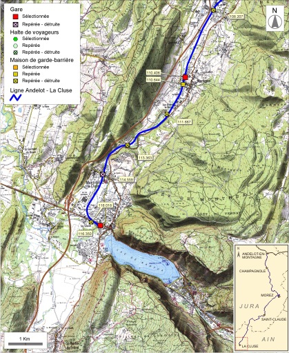 Carte et schéma de localisation des ouvrages : de Martignat à Montréal-La Cluse. Carte topographique, IGN, 2000, dalles F084-053, F085-053, F084-054 et F085-054, échelle 1:48 000. Scan 25, licence n° 2008/CISE/2968. © André Céréza / Région Bourgogne-Franche-Comté, Inventaire du patrimoine - 2008