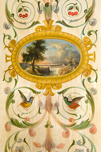 Cabinet : détail d'un décor de porte, paysage avec cascade. © Jérôme Mongreville / Région Bourgogne-Franche-Comté, Inventaire du patrimoine - 2008