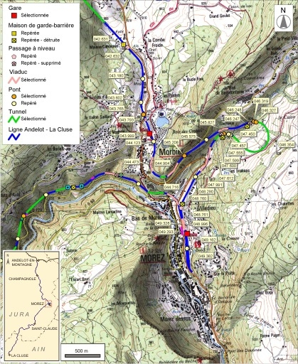 Carte et schéma de localisation des ouvrages : zone Morbier - Morez. Carte topographique, IGN, 2000, dalle F088-050, échelle 1:24 000. Scan 25, licence n° 2008/CISE/2968. © André Céréza / Région Bourgogne-Franche-Comté, Inventaire du patrimoine - 2008 Carte et schéma de localisation des ouvrages : zone Morbier - Morez. Carte topographique, IGN, 2000, dalle F088-050, échelle 1:24 000. Scan 25, licence n° 2008/CISE/2968. © André Céréza / Région Bourgogne-Franche-Comté, Inventaire du patrimoine - 2008