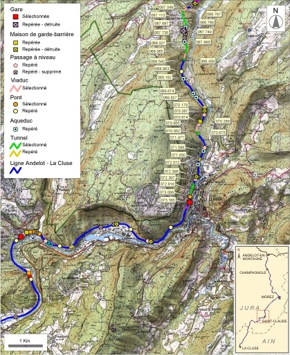 Carte et schéma de localisation des ouvrages : de Valfin-lès-Saint-Claude à Saint-Claude. Carte topographique, IGN, 2000, dalles F086-051, F086-052, F087-051 et F087-052, échelle 1:48 000. Scan 25, licence n° 2008/CISE/2968. © André Céréza / Région Bourgogne-Franche-Comté, Inventaire du patrimoine - 2008 Carte et schéma de localisation des ouvrages : de Valfin-lès-Saint-Claude à Saint-Claude. Carte topographique, IGN, 2000, dalles F086-051, F086-052, F087-051 et F087-052, échelle 1:48 000. Scan 25, licence n° 2008/CISE/2968. © André Céréza / Région Bourgogne-Franche-Comté, Inventaire du patrimoine - 2008