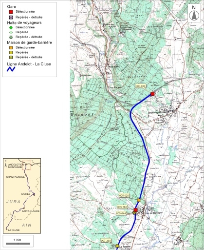 Carte et schéma de localisation des ouvrages : d'Andelot-en-Montagne à Vers-en-Montagne. Carte topographique, IGN, 2000, dalle F087-046, échelle 1:48 000. Scan 25, licence n° 2008/CISE/2968. © André Céréza / Région Bourgogne-Franche-Comté, Inventaire du patrimoine - 2008