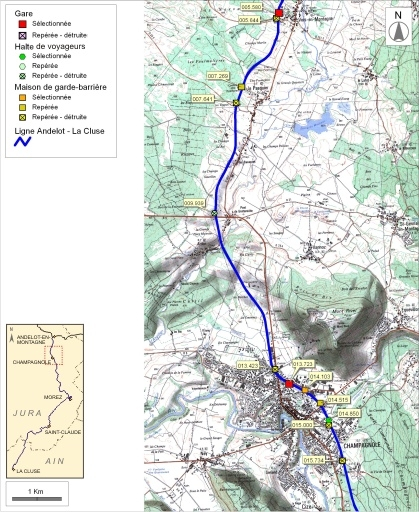 Carte et schéma de localisation des ouvrages : de Vers-en-Montagne à Champagnole. Carte topographique, IGN, 2000, dalle F087-047, échelle 1:48 000. Scan 25, licence n° 2008/CISE/2968. © André Céréza / Région Bourgogne-Franche-Comté, Inventaire du patrimoine - 2008