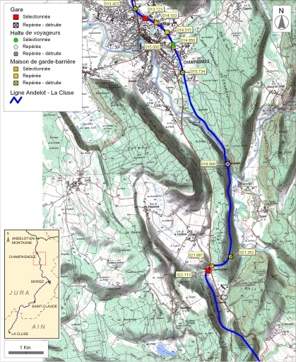 Carte et schéma de localisation des ouvrages : de Champagnole à Chaux-des-Crotenay. Carte topographique, IGN, 2000, dalles F087-047 et F087-048, échelle 1:48 000. Scan 25, licence n° 2008/CISE/2968. © André Céréza / Région Bourgogne-Franche-Comté, Inventaire du patrimoine - 2008