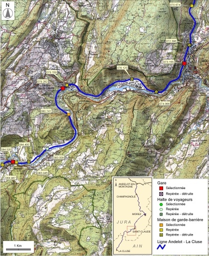 Carte et schéma de localisation des ouvrages : de Saint-Claude à Molinges. Carte topographique, IGN, 2000, dalles F086-051, F086-052, F087-051 et F087-052, échelle 1:48 000. Scan 25, licence n° 2008/CISE/2968. © André Céréza / Région Bourgogne-Franche-Comté, Inventaire du patrimoine - 2008