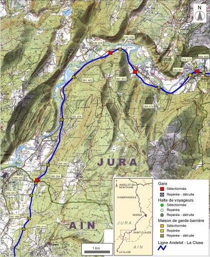Carte et schéma de localisation des ouvrages : de Molinges à Arbent. Carte topographique, IGN, 2000, dalles F085-052 et F086-052, échelle 1:48 000. Scan 25, licence n° 2008/CISE/2968. © André Céréza / Région Bourgogne-Franche-Comté, Inventaire du patrimoine - 2008