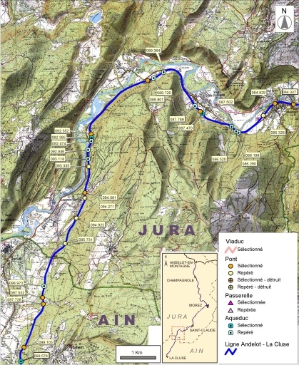 Carte et schéma de localisation des ouvrages : de Molinges à Arbent. Carte topographique, IGN, 2000, dalles F085-052 et F086-052, échelle 1:48 000. Scan 25, licence n° 2008/CISE/2968. © André Céréza / Région Bourgogne-Franche-Comté, Inventaire du patrimoine - 2008 Carte et schéma de localisation des ouvrages : de Molinges à Arbent. Carte topographique, IGN, 2000, dalles F085-052 et F086-052, échelle 1:48 000. Scan 25, licence n° 2008/CISE/2968. © André Céréza / Région Bourgogne-Franche-Comté, Inventaire du patrimoine - 2008