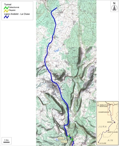 Carte et schéma de localisation des tunnels : d'Andelot-en-Montagne à Chaux-des-Crotenay. Carte topographique, IGN, 2000, dalles F087-046, F087-047 et F087-048, échelle 1:110 000. Scan 25, licence n° 2008/CISE/2968. © André Céréza / Région Bourgogne-Franche-Comté, Inventaire du patrimoine - 2008