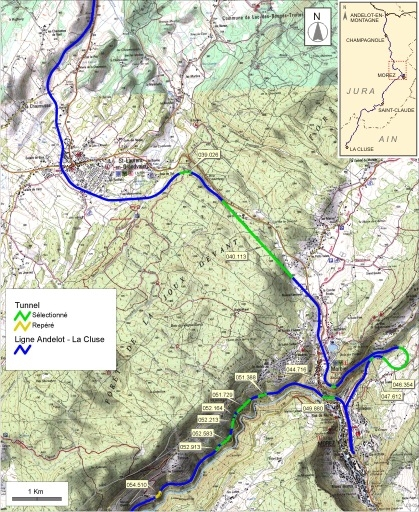 Carte et schéma de localisation des tunnels : de La Chaumusse à Morez et Tancua. Carte topographique, IGN, 2000, dalles F087-049, F087-050, F088-049 et F088-050, échelle 1:48 000. Scan 25, licence n° 2008/CISE/2968. © André Céréza / Région Bourgogne-Franche-Comté, Inventaire du patrimoine - 2008