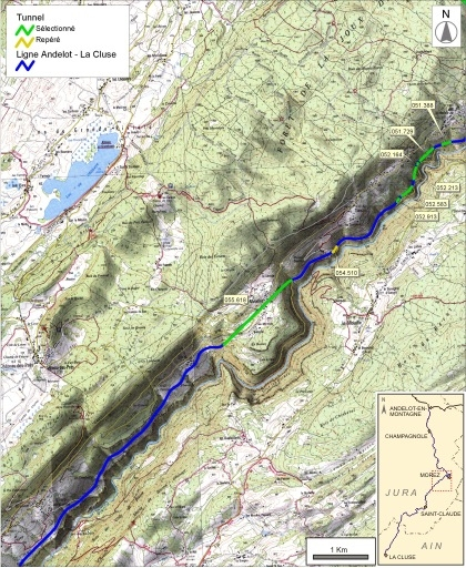 Carte et schéma de localisation des tunnels : de Tancua à Villard-sur-Bienne. Carte topographique, IGN, 2000, dalles F087-050 et F088-050, échelle 1:48 000. Scan 25, licence n° 2008/CISE/2968. © André Céréza / Région Bourgogne-Franche-Comté, Inventaire du patrimoine - 2008