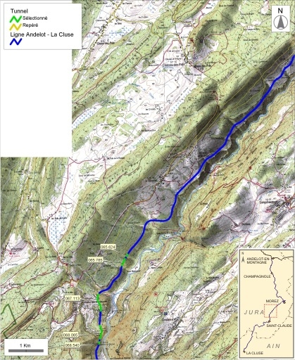 Carte et schéma de localisation des tunnels : de Villard-sur-Bienne à Valfin-lès-Saint-Claude. Carte topographique, IGN, 2000, dalles F087-050 et F087-051, échelle 1:48 000. Scan 25, licence n° 2008/CISE/2968. © André Céréza / Région Bourgogne-Franche-Comté, Inventaire du patrimoine - 2008