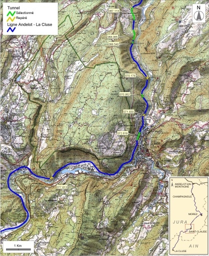 Carte et schéma de localisation des tunnels : de Valfin-lès-Saint-Claude à Chassal. Carte topographique, IGN, 2000, dalles F086-051, F086-052, F087-051 et F087-052, échelle 1:48 000. Scan 25, licence n° 2008/CISE/2968. © André Céréza / Région Bourgogne-Franche-Comté, Inventaire du patrimoine - 2008