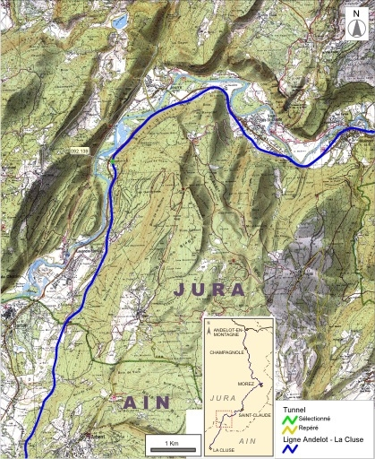 Carte et schéma de localisation des tunnels : de Molinges à Arbent. Carte topographique, IGN, 2000, dalles F085-052 et F086-052, échelle 1:48 000. Scan 25, licence n° 2008/CISE/2968. © André Céréza / Région Bourgogne-Franche-Comté, Inventaire du patrimoine - 2008