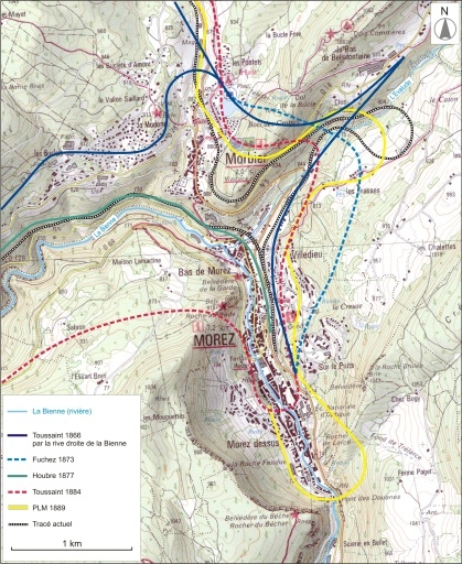 Projets de desserte ferroviaire de la ville de Morez (de 1866 à 1889) et tracé actuel. Carte topographique, IGN, 2000, dalle F088-050, échelle 1:25 000 agrandie à 1:21 000. Scan 25, licence n° 2008/CISE/2968. © André Céréza / Région Bourgogne-Franche-Comté, Inventaire du patrimoine - 2008 Projets de desserte ferroviaire de la ville de Morez (de 1866 à 1889) et tracé actuel. Carte topographique, IGN, 2000, dalle F088-050, échelle 1:25 000 agrandie à 1:21 000. Scan 25, licence n° 2008/CISE/2968. © André Céréza / Région Bourgogne-Franche-Comté, Inventaire du patrimoine - 2008