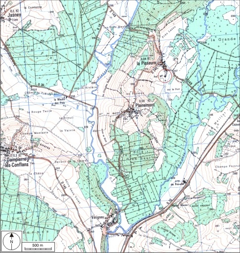 Carte de localisation. Carte topographique au 1:25000, I.G.N., Conflans-sur-Lanterne, 3420 O. SCAN 25 © IGN - 2008, Licence n°2008CISE29-68. © André Céréza / Région Bourgogne-Franche-Comté, Inventaire du patrimoine - 2008