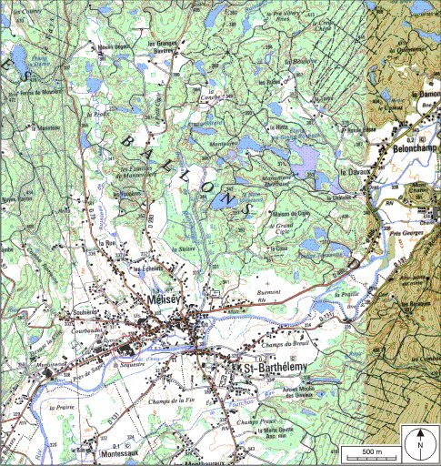 Carte de localisation. Carte topographique au 1:25000, I.G.N., Mélisey, 3520 O. SCAN 25 © IGN - 2008, Licence n°2008CISE29-68. © André Céréza / Région Bourgogne-Franche-Comté, Inventaire du patrimoine - 2008