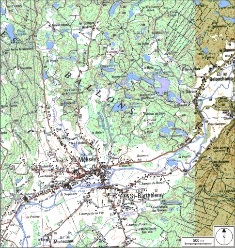 Carte de localisation. Carte topographique au 1:25000, I.G.N., Mélisey, 3520 O. SCAN 25 © IGN - 2008, Licence n°2008CISE29-68. © André Céréza / Région Bourgogne-Franche-Comté, Inventaire du patrimoine - 2008