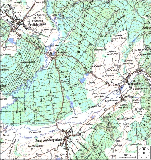 Carte de localisation. Carte topographique au 1:25000, I.G.N., Lure, 3521 O. SCAN 25 © IGN - 2008, Licence n°2008CISE29-68. © André Céréza / Région Bourgogne-Franche-Comté, Inventaire du patrimoine - 2008