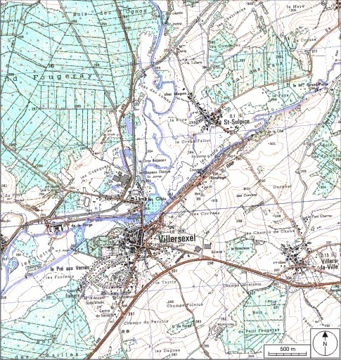 Carte de localisation. Carte topographique au 1:25000, I.G.N., Villersexel, 3421 E. SCAN 25 © IGN - 2008, Licence n°2008CISE29-68. © André Céréza / Région Bourgogne-Franche-Comté, Inventaire du patrimoine - 2008