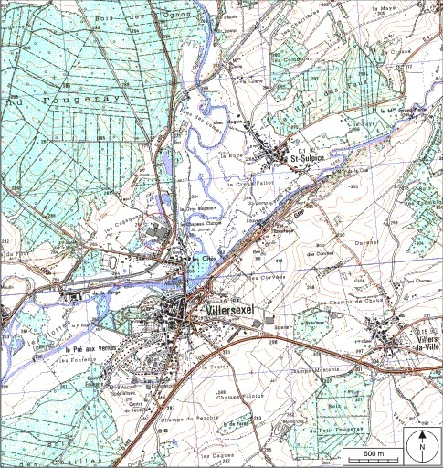 Carte de localisation. Carte topographique au 1:25000, I.G.N., Villersexel, 3421 E. SCAN 25 © IGN - 2008, Licence n°2008CISE29-68. © André Céréza / Région Bourgogne-Franche-Comté, Inventaire du patrimoine - 2008