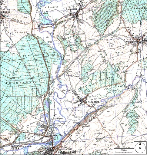 Carte de localisation. Carte topographique au 1:25 000, I.G.N., Villersexel, 3421 E. SCAN 25 © IGN - 2008, Licence n°2008CISE29-68. © André Céréza / Région Bourgogne-Franche-Comté, Inventaire du patrimoine - 2008