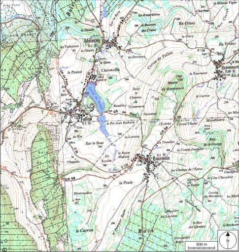 Carte de localisation. Carte topographique au 1:25000, I.G.N., L'Isle-sur-le-Doubs, 3522 O. SCAN 25 © IGN - 2008, Licence n°2008CISE29-68. © André Céréza / Région Bourgogne-Franche-Comté, Inventaire du patrimoine - 2008