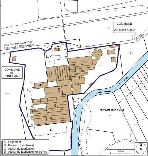 Plan-masse et de situation. Montage d'extraits de plans cadastraux numérisés, 2008, Ronchamp, section AH, 1:1000 et Champagney, section AB, 1:2000, l'ensemble réduit à 1:2000. Source : Direction générale des Finances Publiques - Cadastre ; mise à jo… © André Céréza / Région Bourgogne-Franche-Comté, Inventaire du patrimoine - 2008 Plan-masse et de situation. Montage d'extraits de plans cadastraux numérisés, 2008, Ronchamp, section AH, 1:1000 et Champagney, section AB, 1:2000, l'ensemble réduit à 1:2000. Source : Direction générale des Finances Publiques - Cadastre ; mise à jo… © André Céréza / Région Bourgogne-Franche-Comté, Inventaire du patrimoine - 2008