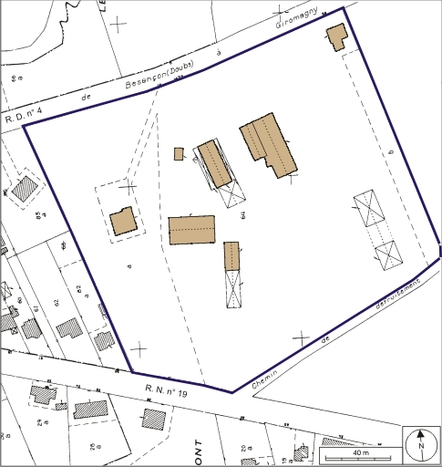 Plan-masse et de situation. Extrait du plan cadastral numérisé, 2008, section AK, 1:1000 réduit à 1:1500. Source : Direction générale des Finances Publiques - Cadastre ; mise à jour : 2008. © André Céréza / Région Bourgogne-Franche-Comté, Inventaire du patrimoine - 2008 Plan-masse et de situation. Extrait du plan cadastral numérisé, 2008, section AK, 1:1000 réduit à 1:1500. Source : Direction générale des Finances Publiques - Cadastre ; mise à jour : 2008. © André Céréza / Région Bourgogne-Franche-Comté, Inventaire du patrimoine - 2008