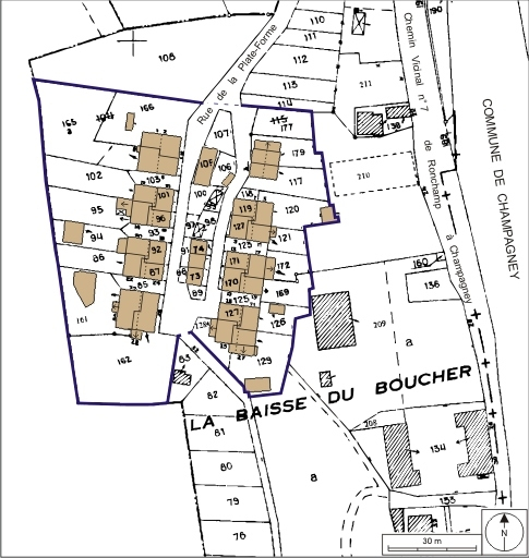 Plan-masse et de situation. Extrait du plan cadastral numérisé, 2008, section AE, 1:1000. Source : Direction générale des Finances Publiques - Cadastre ; mise à jour : 2008. © André Céréza / Région Bourgogne-Franche-Comté, Inventaire du patrimoine - 2008