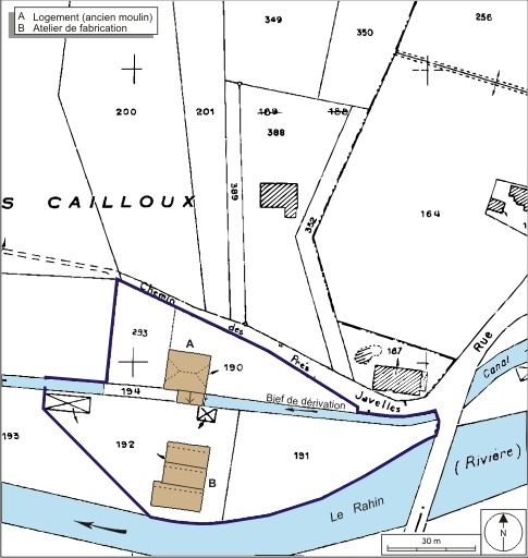 Plan-masse et de situation. Extrait du plan cadastral numérisé, 2008, section AK, échelle 1:1000. Source : Direction générale des Finances Publiques - Cadastre ; mise à jour : 2008. © André Céréza / Région Bourgogne-Franche-Comté, Inventaire du patrimoine - 2008