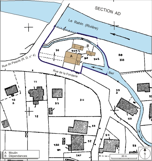 Plan-masse et de situation. Extrait du plan cadastral numérisé, 2008, section AM, 1:1000. Source : Direction générale des Finances Publiques - Cadastre ; mise à jour : 2008. © André Céréza / Région Bourgogne-Franche-Comté, Inventaire du patrimoine - 2008