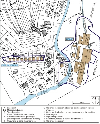 Plan-masse et de situation. Extrait du plan cadastral numérisé, 2008, section A, échelle 1:1250 réduit à 1:2000. Source : Direction générale des Finances Publiques - Cadastre ; mise à jour : 2008. © André Céréza / Région Bourgogne-Franche-Comté, Inventaire du patrimoine - 2008