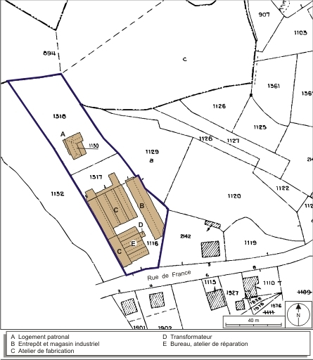 Plan-masse et de situation. Extrait du plan cadastral numérisé, 2008, section B, échelle 1:1250. Source : Direction générale des Finances Publiques - Cadastre ; mise à jour : 2008. © André Céréza / Région Bourgogne-Franche-Comté, Inventaire du patrimoine - 2008