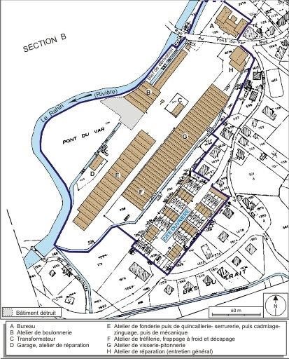 Plan-masse de l'usine. Extrait du plan cadastral numérisé, 2008, section B, échelle 1:1250, réduit à 1:2000. Source : Direction générale des Finances Publiques - Cadastre ; mise à jour : 2008. © André Céréza / Région Bourgogne-Franche-Comté, Inventaire du patrimoine - 2008
