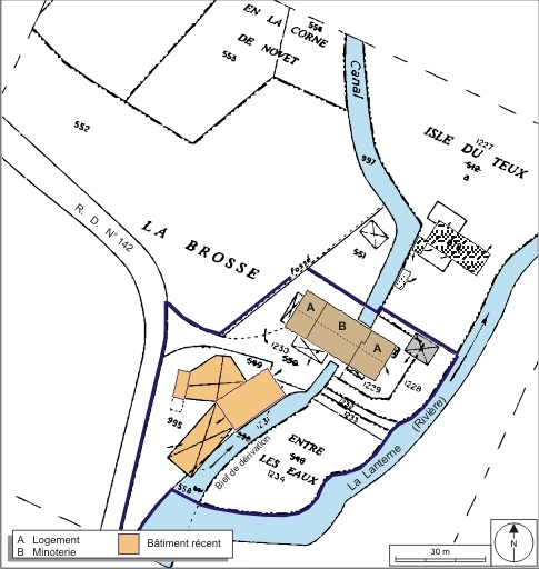 Plan-masse et de situation. Extrait du plan cadastral numérisé, 2008, section B, 1:1250 agrandi à 1:1000. Source : Direction générale des Finances Publiques - Cadastre ; mise à jour : 2008. © André Céréza / Région Bourgogne-Franche-Comté, Inventaire du patrimoine - 2008