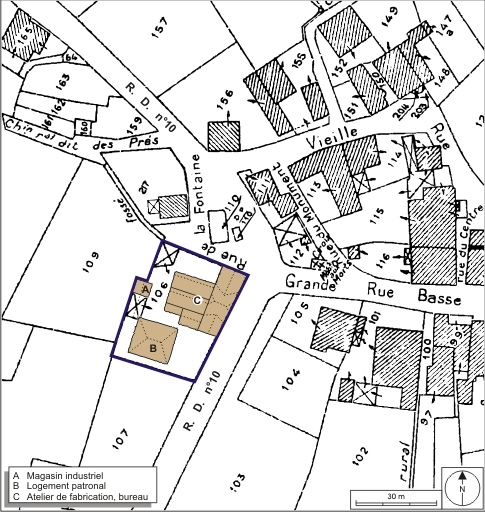 Plan-masse et de situation. Extrait du plan cadastral numérisé, 2008, section A, 1:1000. Source : Direction générale des Finances Publiques - Cadastre ; mise à jour : 2008. © André Céréza / Région Bourgogne-Franche-Comté, Inventaire du patrimoine - 2008