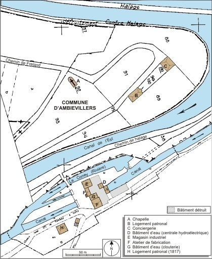 Plan-masse et de situation. Montage d'extraits de plans cadastraux numérisés, 2008, section A, 1:1250 et Ambiévillers, section AD, 1: 2000, le tout réduit à 1:1700. Source : Direction générale des Finances Publiques - Cadastre ; mise à jour : 2008. © André Céréza / Région Bourgogne-Franche-Comté, Inventaire du patrimoine - 2008