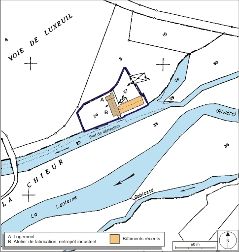 Plan-masse et de situation. Extrait du plan cadastral numérisé, 2008, section B, 1:1250 réduit à 1:2000. Source : Direction générale des Finances Publiques - Cadastre ; mise à jour : 2008. © André Céréza / Région Bourgogne-Franche-Comté, Inventaire du patrimoine - 2008