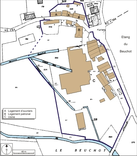 Plan-masse et de situation. Extrait du plan cadastral numérisé, 2008, section B, 1:1250 réduit à 1:2000. Source : Direction générale des Finances Publiques - Cadastre ; mise à jour : 2008. © André Céréza / Région Bourgogne-Franche-Comté, Inventaire du patrimoine - 2008 Plan-masse et de situation. Extrait du plan cadastral numérisé, 2008, section B, 1:1250 réduit à 1:2000. Source : Direction générale des Finances Publiques - Cadastre ; mise à jour : 2008. © André Céréza / Région Bourgogne-Franche-Comté, Inventaire du patrimoine - 2008