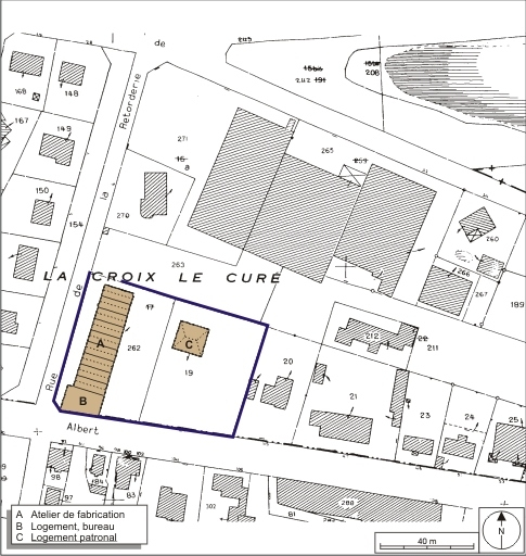 Plan-masse et de situation. Extrait du plan cadastral, 2008, section AE, 1:1000 réduit à 1:1250. Source : Direction générale des Finances Publiques - Cadastre ; mise à jour : 2008. © André Céréza / Région Bourgogne-Franche-Comté, Inventaire du patrimoine - 2008