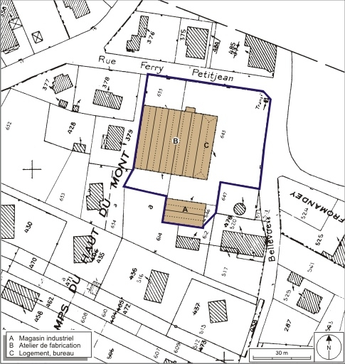 Plan-masse et de situation. Extrait du plan cadastral, 2008, section AB, 1:1000. Source : Direction générale des Finances Publiques - Cadastre ; mise à jour : 2008. © André Céréza / Région Bourgogne-Franche-Comté, Inventaire du patrimoine - 2008