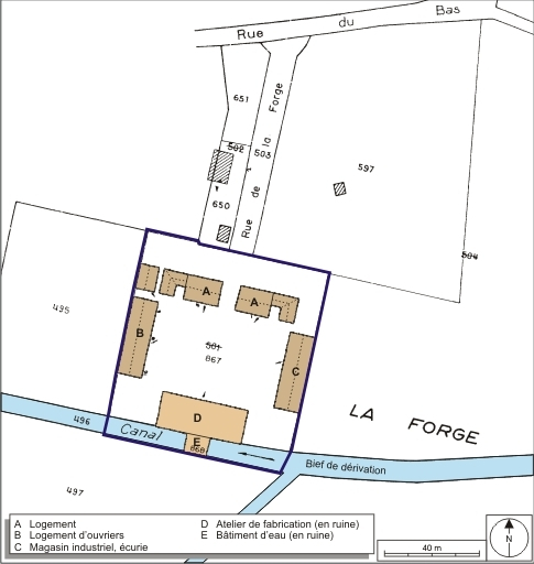 Plan-masse et de situation. Extrait du plan cadastral numérisé, 2008, section A, 1:1250. Source : Direction générale des Finances Publiques - Cadastre ; mise à jour : 2008. © André Céréza / Région Bourgogne-Franche-Comté, Inventaire du patrimoine - 2008
