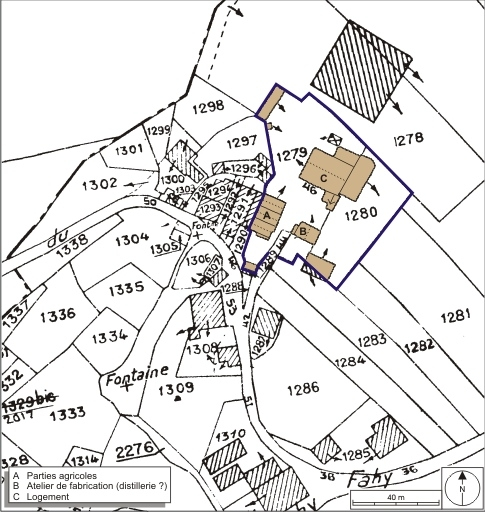Plan-masse et de situation. Extrait du plan cadastral numérisé, 2008, section A, 1:2500 agrandi à 1:1250. Source : Direction générale des Finances Publiques - Cadastre ; mise à jour : 2008. © André Céréza / Région Bourgogne-Franche-Comté, Inventaire du patrimoine - 2008